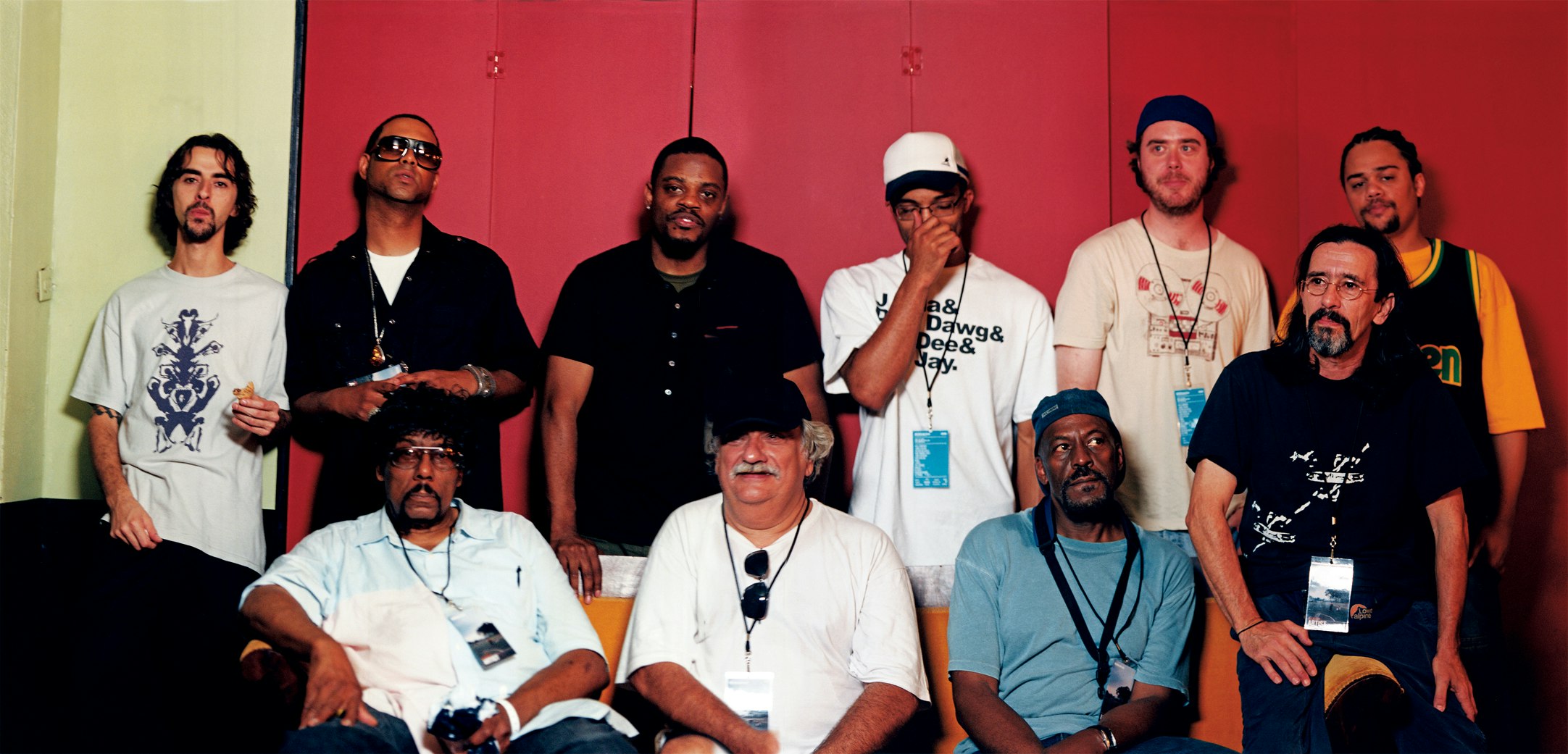 Brasilintime players, summer 2007. (top) DJ Nuts, Madlib, Karriem Riggins, J.Rocc, Cut Chemist, and DJ Primo. (bottom) James Gadson, Ivan “Mamão” Conti, Derf Reklaw, and João Parahyba. Photo by B+.